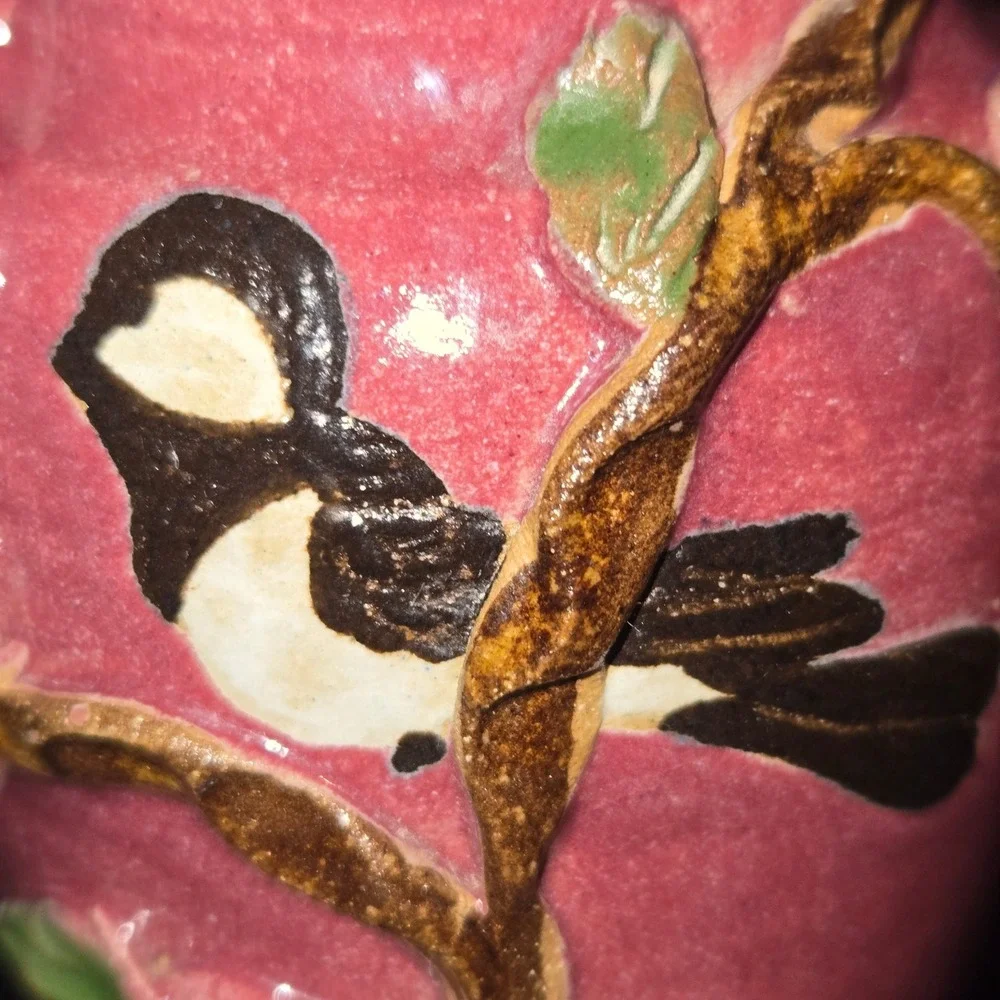 Judy Jones Pottery VTG Dogwood & Chickadee Bud Vase Signed Small‎ Pink 2002 EUC!